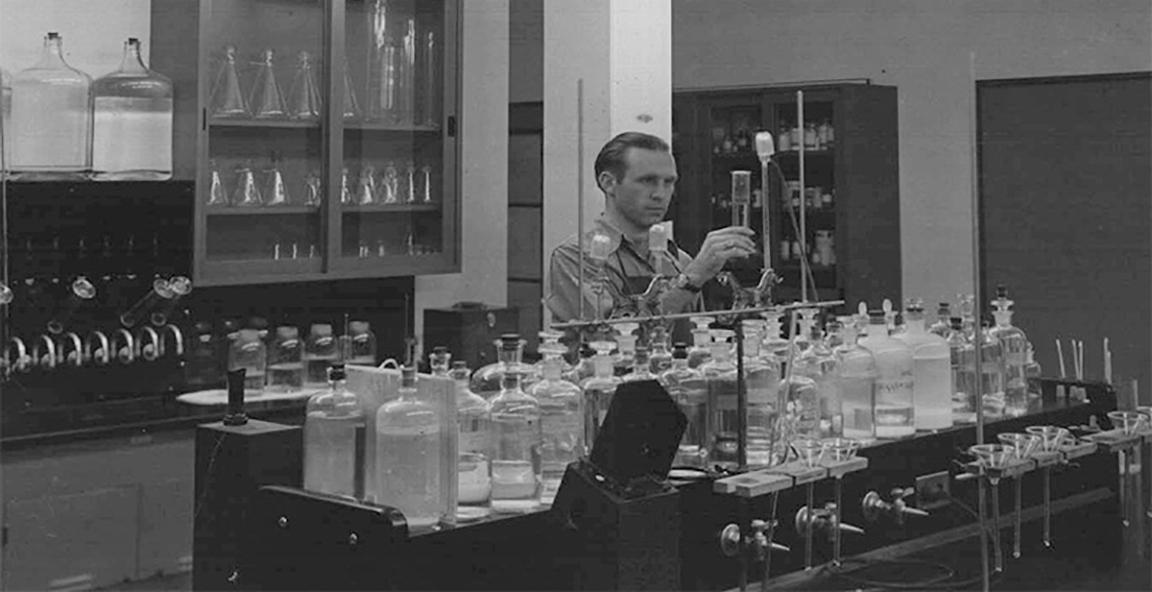 Chemist Paul Bodenhofer working in the chemical laboratory. February 9, 1942.